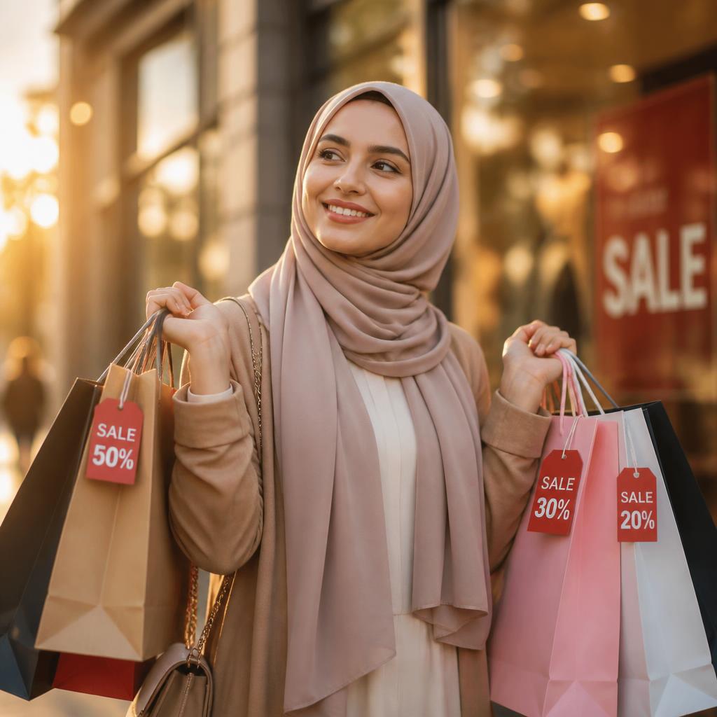 A satisfied shopper holding multiple shopping bags with sale tags visible, standing in front of a blurred storefront with golden hour lighting